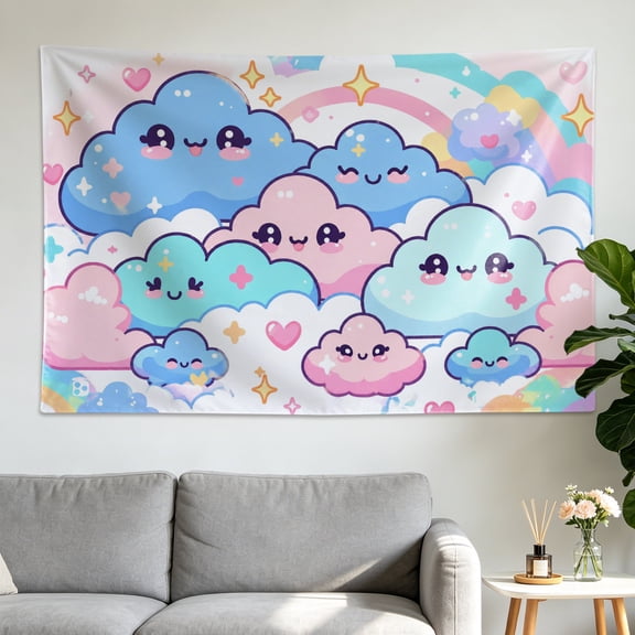 Kawaii Pastel Rainbow Clouds Wall tapestry, Large size Printed Horizontal Tapestry blanket, Polyester Fabric Wall Hanging for bedroom, living room, No Installation Required, Indoor, Outdoor, Gift for