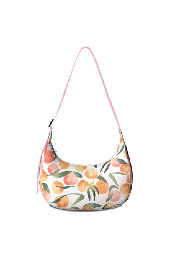 Kawaii Peach Print Crossbody Handbag for Women, Cute Pink Fruit Shoulder Tote, Juicy Summer Hobo Purse, Vibrant Aesthetic Travel Bag, Lightweight Water-Resistant for Peach Lovers