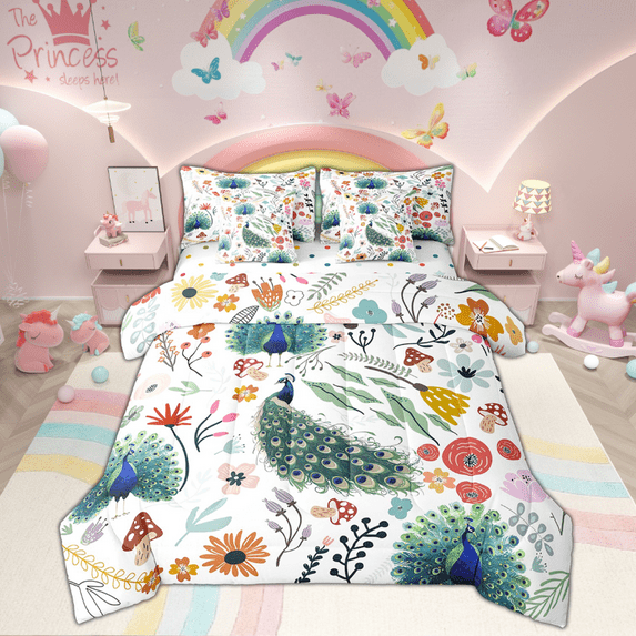 Kawaii Peacock Comforter Set 7 Piece Bed in a Bag Twin,Mushroom Floral Cartoon Animal Bedding Sets Watercolor Flowers Leaves Sheet Set with Comforter