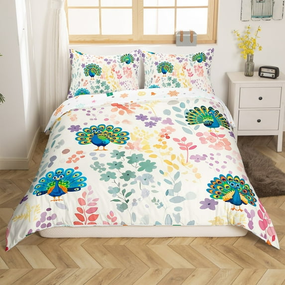 Kawaii Peacock Duvet Cover Full Size,Cartoon Peacock Flowers Bedding Set,Colorful Floral Bed Set Wildlife Animal Flower Duvet Cover with 2 Pillowcases(No Comforter)