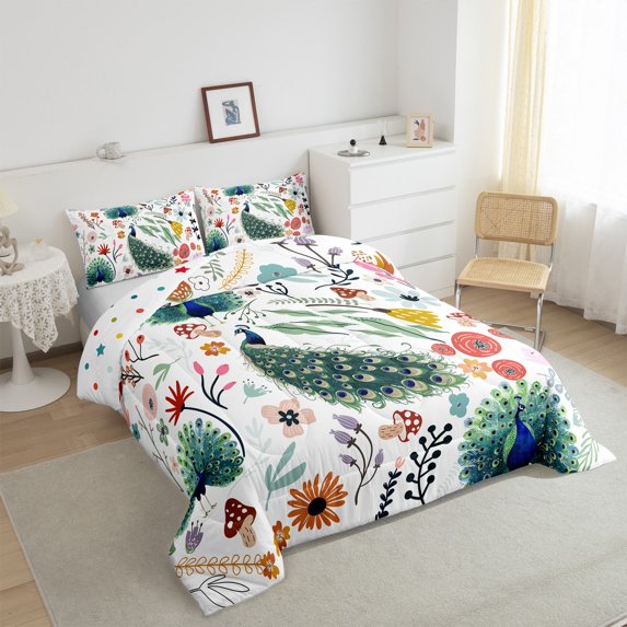 Kawaii Peacock King Bedding Comforter Sets ,Mushroom Floral Quilt Cartoon Animal Comforter Set ,Watercolor Flowers Leaves Duvet Insert Cute Room Decor