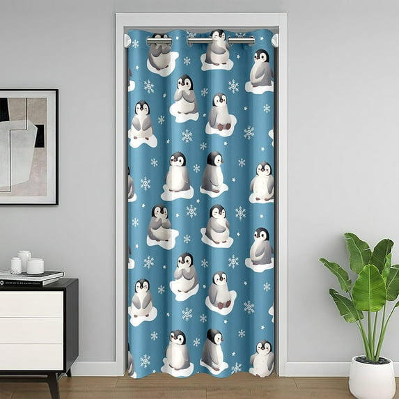 Kawaii Penguin Door Curtain For Doorway Privacy 34"W x 80"L, Cartoon Winter Snowflakes Blackout Curtain, Cute Animals Thermal Door Drape, Snow Antarctic Closet Curtain