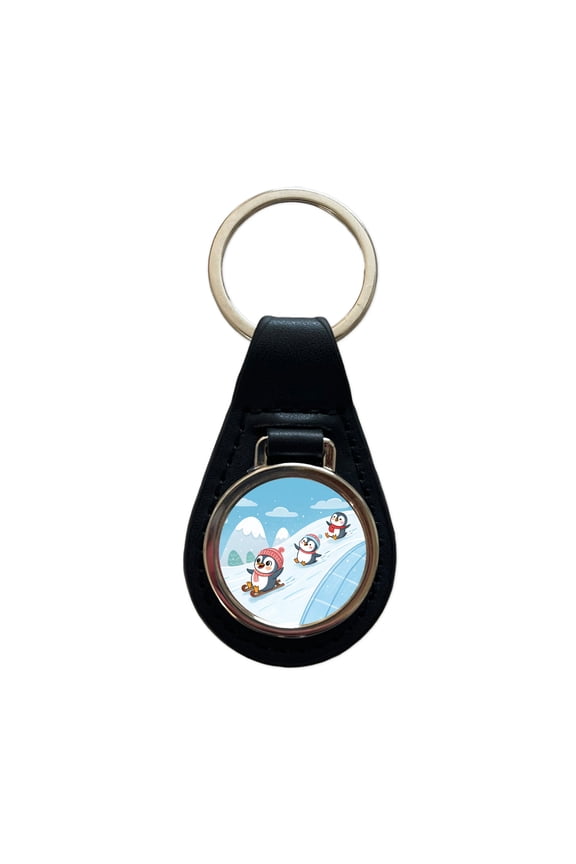 Kawaii Penguins Sledding Snow Metal Black Leather Keychain