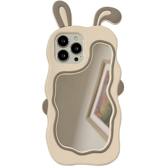 Kawaii Phone Cases Apply to iPhone 14 Pro,Cute Cartoon Bunny Phone Case with Mirror Rabbit Phone Case 3D Case Soft Silicone Shockproof Cover Women Girls for iPhone 14 Pro