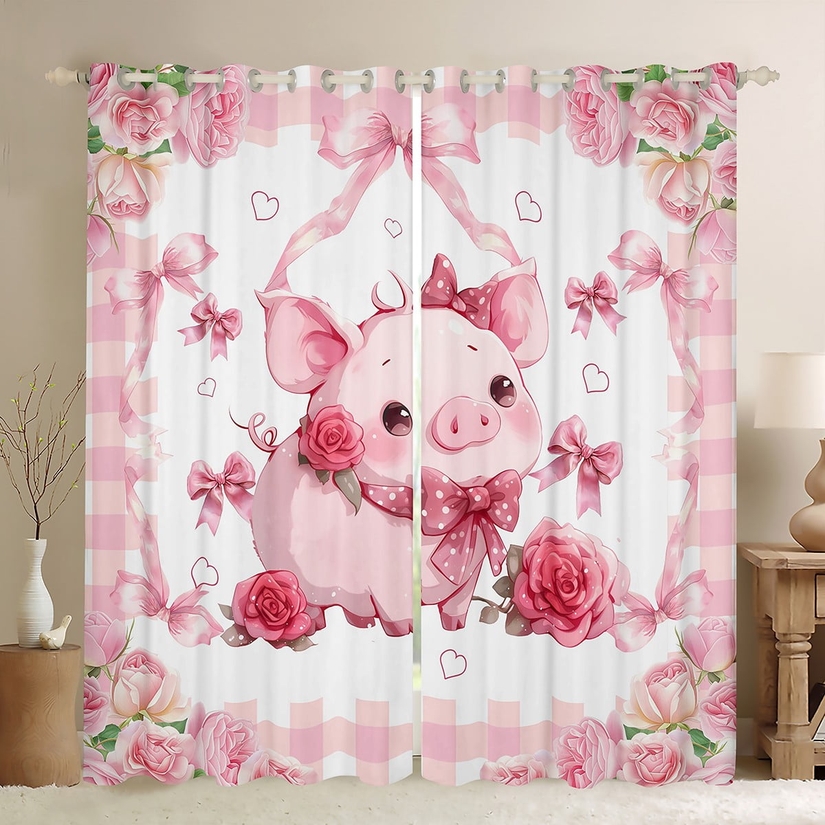 Kawaii Pig Curtains Women Bedroom Girly Pink Bow Roses Window Curtains ...