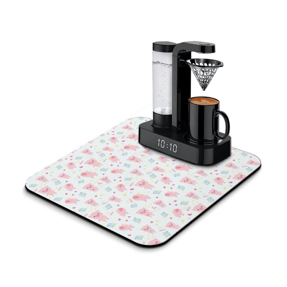 Kawaii Pig Print Coffee Station Mat - Absorbent 4-Layer Mat for Coffee Bar, Pink Pig Cartoon