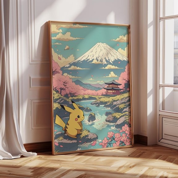 Kawaii Pikachu Pastel Sakura Mount Fuji Anime Wall Art pokemon poster Wall Art Decor 12x18 UNFRAMED