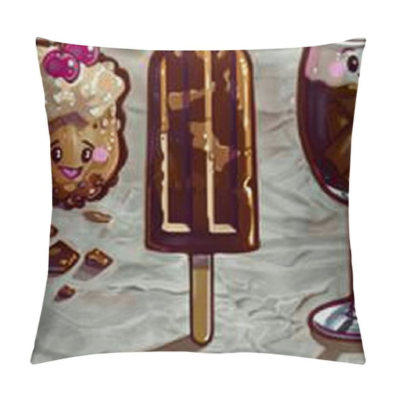 Kawaii Pillow Sham, Cartoon Style Ice Cream Characters Popsicle and Sundae with a Words, Decorative Standard King Size Printed Pillowcase, , Beige Brown Pink