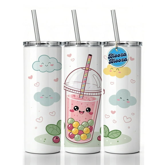 Kawaii Pink Boba Bubble Tea 20oz Insulated Water Bottle Skinny Tumbler Includes Straw