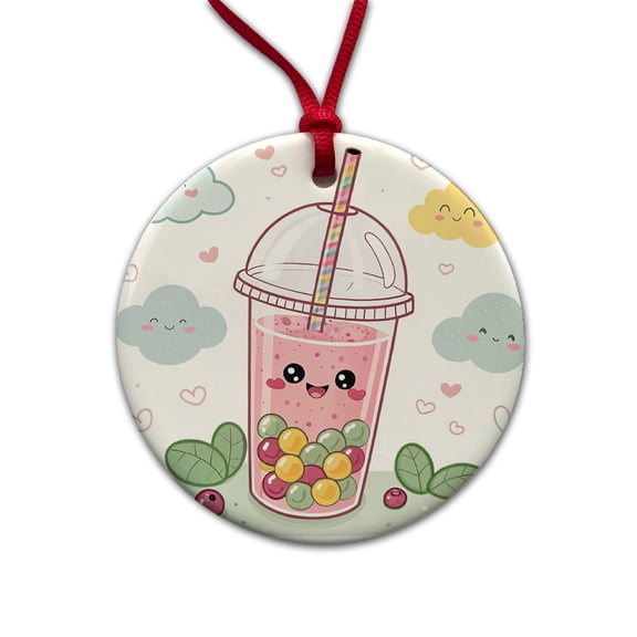Kawaii Pink Boba Bubble Tea Christmas Tree Holiday Round Ceramic Ornament