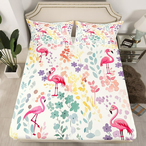Kawaii Pink Flamingo Fitted Sheet Full Size,Cute Flamingo Flower Bedding Set,Watercolor Floral Bottom Sheets Animal Print Bed Set 3Pcs (No Top Sheet)