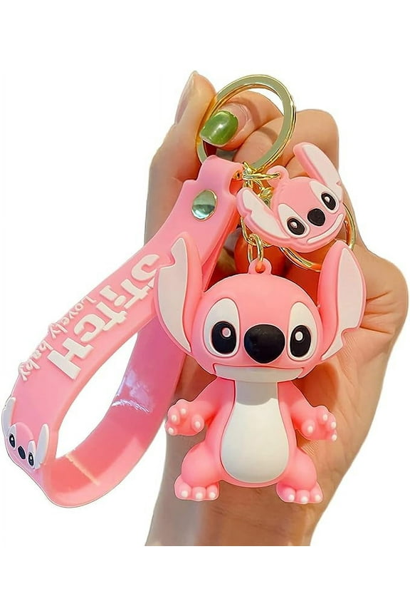 Kawaii Pink Keychain for Kids Girls Boys, Cartoon Stitch Pink Keychains Accessories Keyring Purse Backpack Car Charms