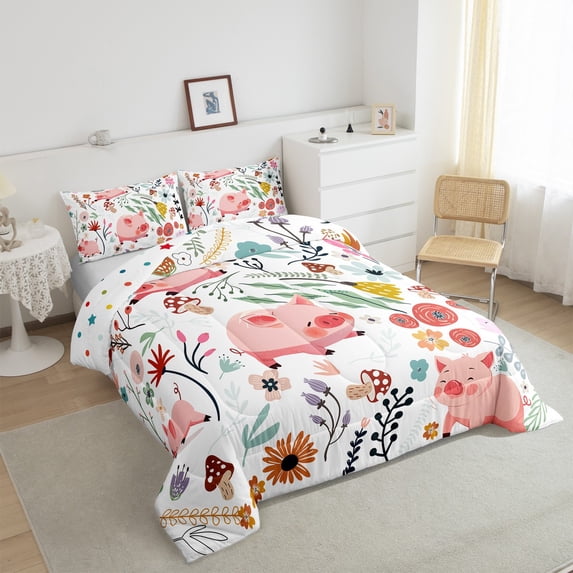Kawaii Pink Pig Comforter Set Mushroom Floral Queen Bedding Sets ,Cartoon Animal Quilt Watercolor Flowers Leaves Duvet Insert ,Cute Room Decor