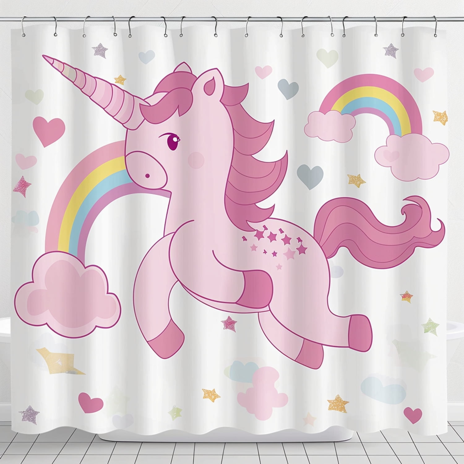 Kawaii Pink Unicorn Shower Curtain Kids Room Decor with Clouds Rainbows