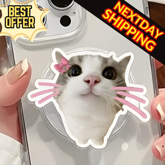 Kawaii Pink Whiskers Cat MagSafe Phone Grip: Cute Pet Magnetic Phone Stand, Funny Kitty Face Phone Holder, Gift For Cat Lover & Teen
