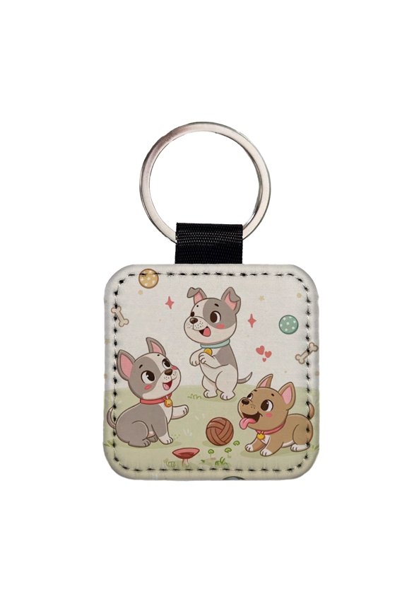 Kawaii Pitbulls Dogs Faux Leather Square Keychain