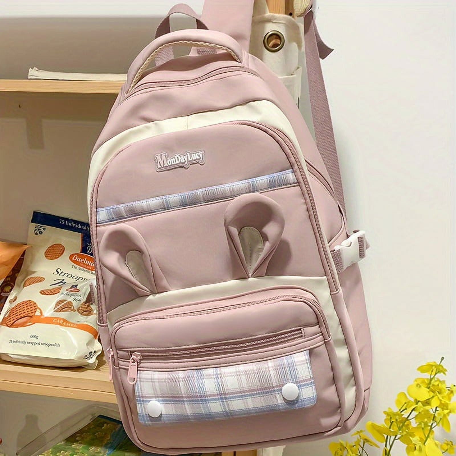 Kawaii Plaid Bunny Ears Backpack, Cute Preppy Style Laptop Schoolbag