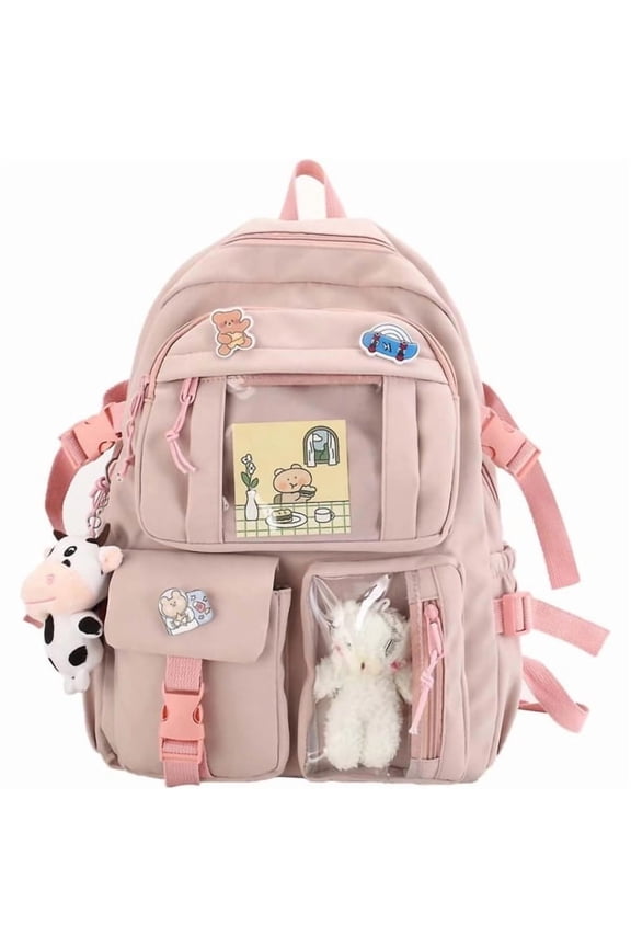Kawaii Plush Backpack with Cute Pendant Pins, Aesthetic School Bag for Daily Casual Use