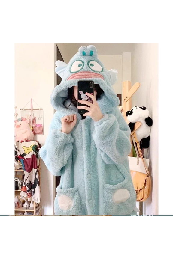 Kawaii Plush Pajamas Night-Robe Suit Hangyodon Kuromi Homewear Winter Long Style Thickened Nightgown Pants