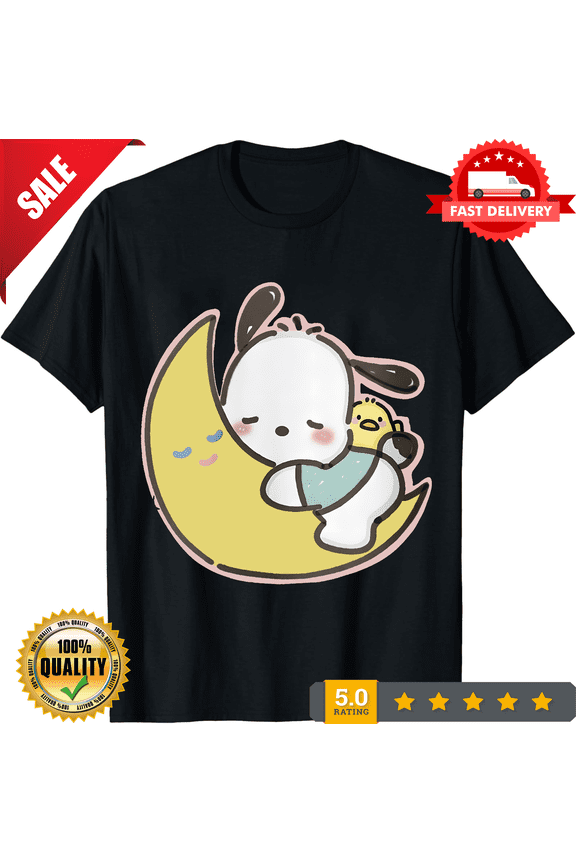 Kawaii Pochacco Sleeping on Moon Sanrio Graphic T Shirt Adult Unisex Tee Cute, CROWD FAVORIT-TH77709