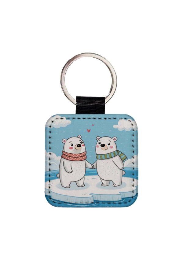 Kawaii Polar Bears In Love Valentine's Day Faux Leather Square Keychain