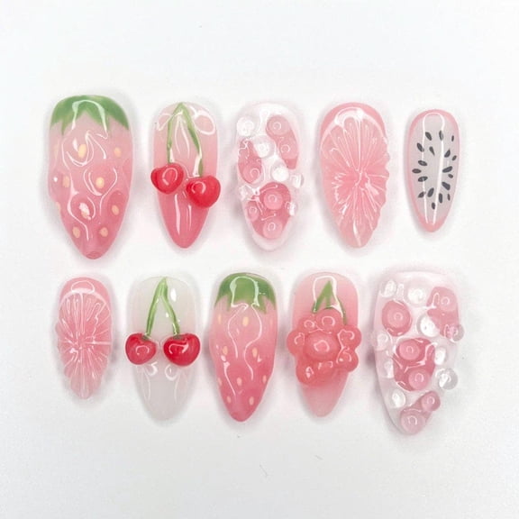 Kawaii Press On Nails with Strawberry Cherry & 3D Bubble Design, Medium Almond Soft Gel Nails with Glue, Reusable Fake Nails Kit for Party Holiday for Cute Girls
