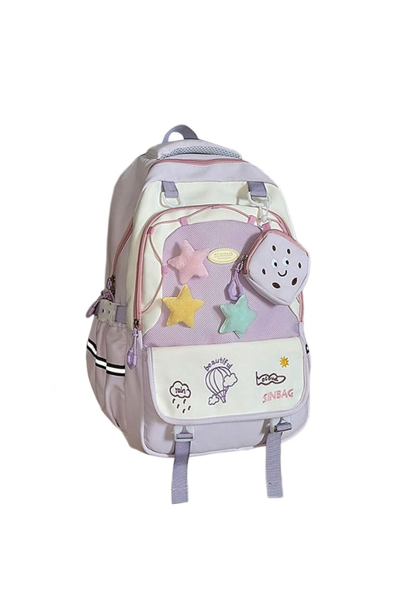 Kawaii Primary School Middle Cookie Pendant Patchwork Backpack Embroidery Cartoon Print Large Capacity Spine Protective Waterproof Teen Back To School Bookbag