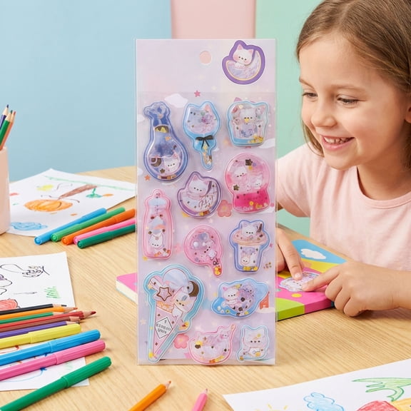 Kawaii Puffy 3D Shaker Water Stickers with Glitter Resin Sequins, Cute Waterproof DIY Sticker for Scrapbooks, Laptops & Water Bottles Kids Crafts