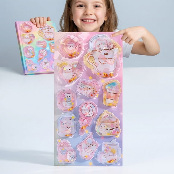 Kawaii Puffy Water Stickers Oil-Filled Glitter Shaker • Stereoscopic Resin Sticker Sheet • Cute Waterproof DIY Stickers for Scrapbooks Laptops Water Bottles