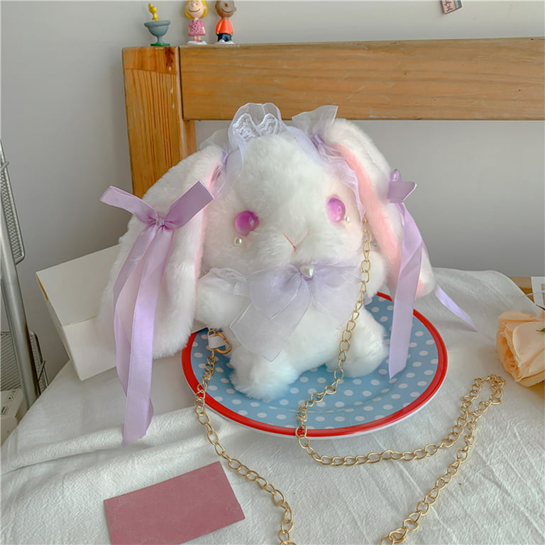 Kawaii Purse Lolita Plush Bag Cute Rabbit Cross Body Purse Bag Pearl Chain  Cartoon Shoulder Bag Bunny Bag Messenger Bags