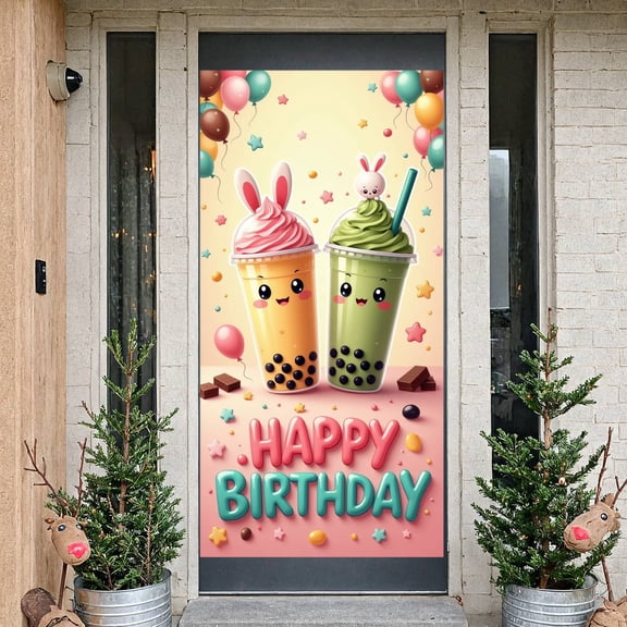 Kawaii Rabbit  Banner Boba Milk Tea Birthday Backdrop Colorful Balloon Star Confetti Celebration Display for Kids Birthday Party Indoor Party Decor Birthday Photo Shoot