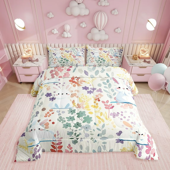Kawaii Rabbit Comforter Set Queen Size,Cartoon Bunny Floral Bedding Set,Cute Colorful Flower Quilt Bed Set Animal Print Flowers Down Comforter with 2 Pillowcases
