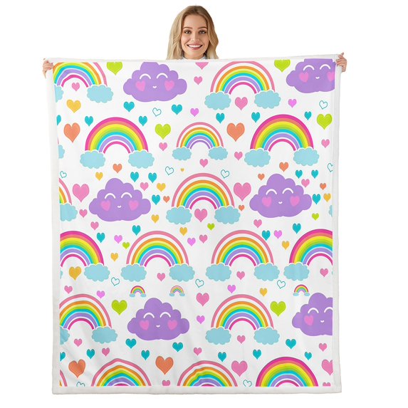 Kawaii Rainbow Throw Blanket,Cartoon Cute Clouds Dreamy Bed Blanket ,Colorful Love Heart Fleece Blanket,White Fuzzy Blanket,Twin Size (60 x 80 Inches)