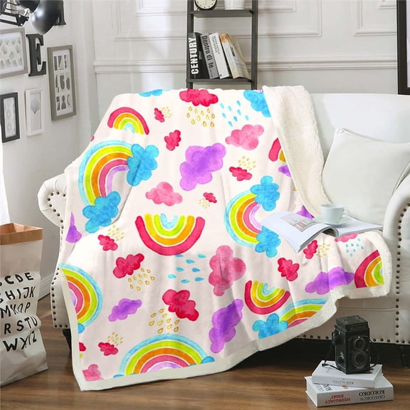 Kawaii Rainbow Throw Blanket for Couch Kids Watercolor Style Flannel Blanket, Cute Clouds Print Sherpa Blanket 40x50 Size Hand Drawn Rainbows Blanket, Lovely Raindrop Bed Blanket Microfiber