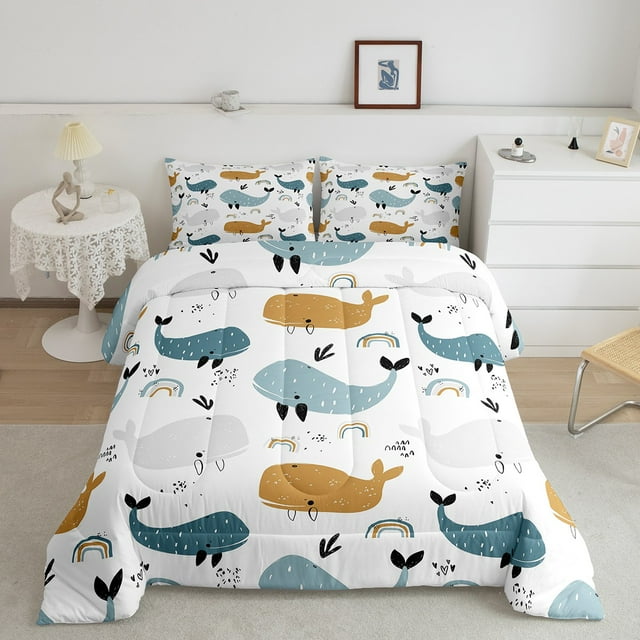 Kawaii Rainbow Whale Comforter Set Queen, Cartoon Whale Bedding Sets ...