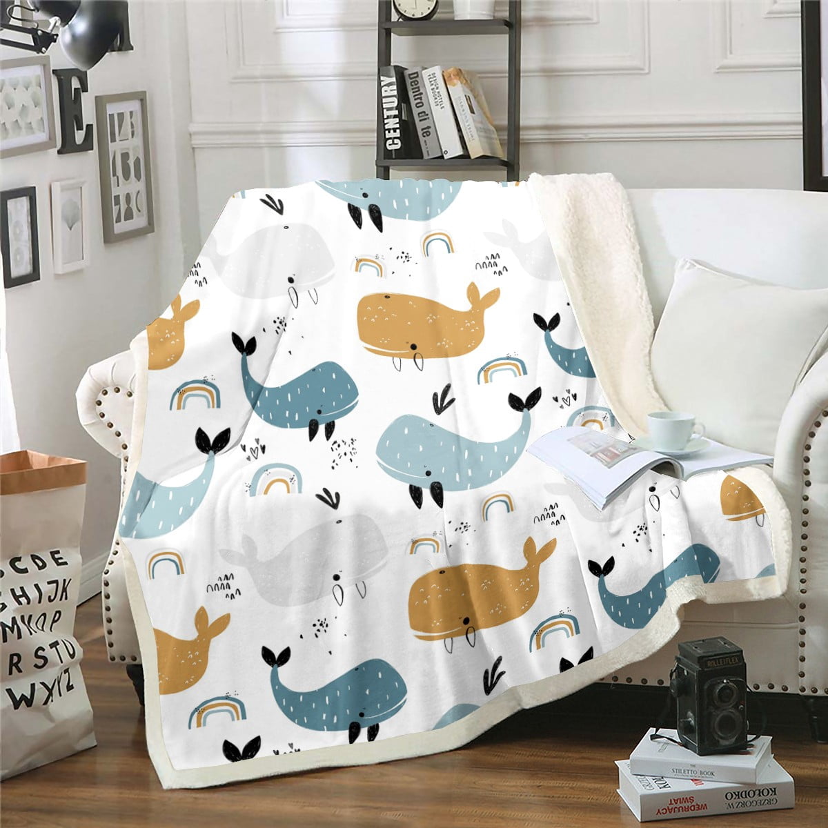 Kawaii Rainbow Whale Throw Blanket Queen Size, Cartoon Whale Sherpa