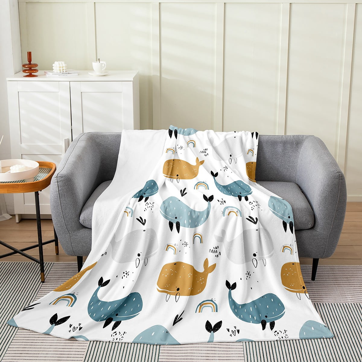 Kawaii Rainbow Whale Throw Blanket Throw Size, Cartoon Whale Sherpa