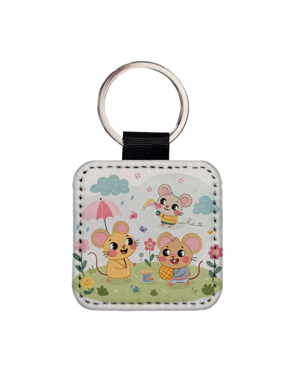 Kawaii Rats Faux Leather Square Keychain