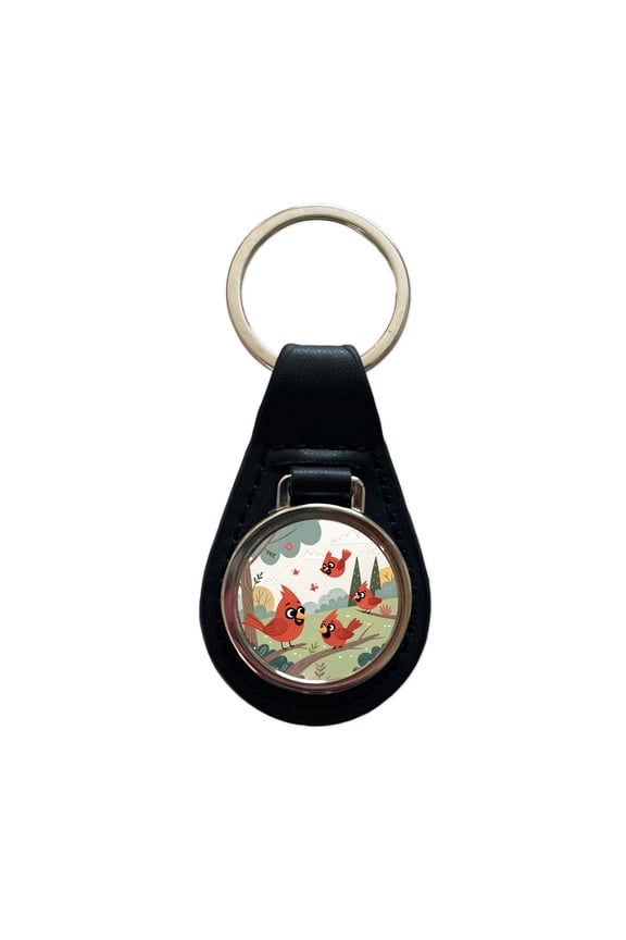 Kawaii Red Cardinals Birds Metal Black Leather Keychain