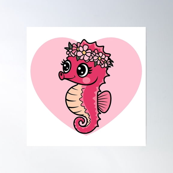 Kawaii Red Seahorse On Heart Poster Wall Art, Modern Wall Decor For Living Room Bedroom, 30x30 UNFRAMED