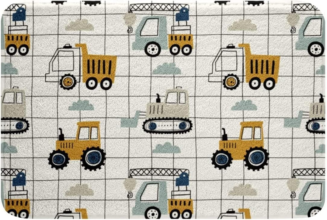 Kawaii Rug,Kids Cartoon Dump Truck Kitchen Mat Lattice Crane Tractor