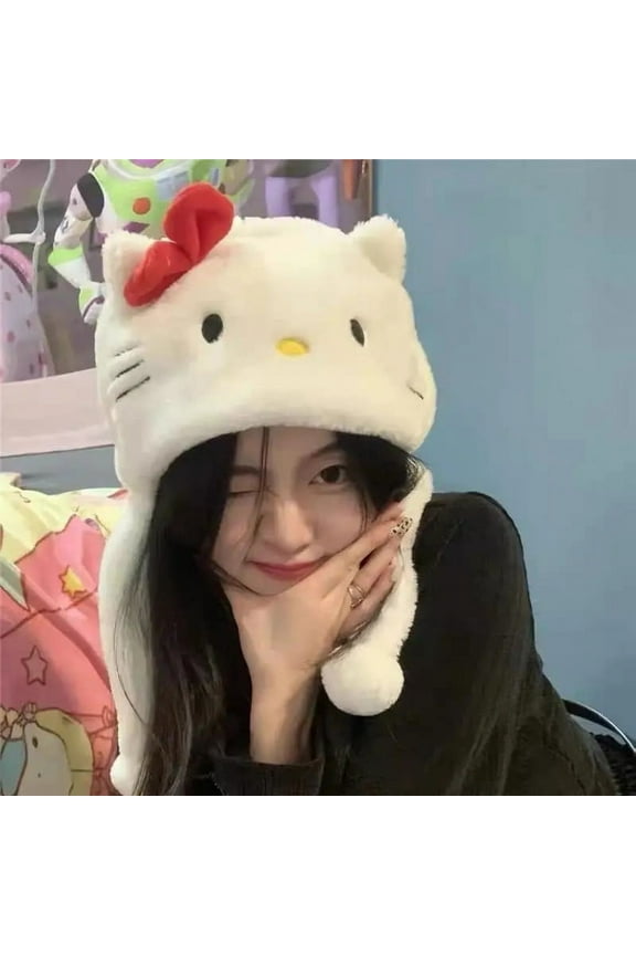 Kawaii Sanrio Anime Hat Cute Hello Kitty Autumn Winter Cartoon Sweet Versatile Fashion Antifreeze Plush Hat Girls Christmas Gift