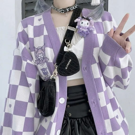 Kawaii Sanrio Cinnamoroll Plaid Sweater Cartoon My Melody Kuromi Pompom Purin Girl Cardigan Loose Top Coat Knitted Sweater Gift