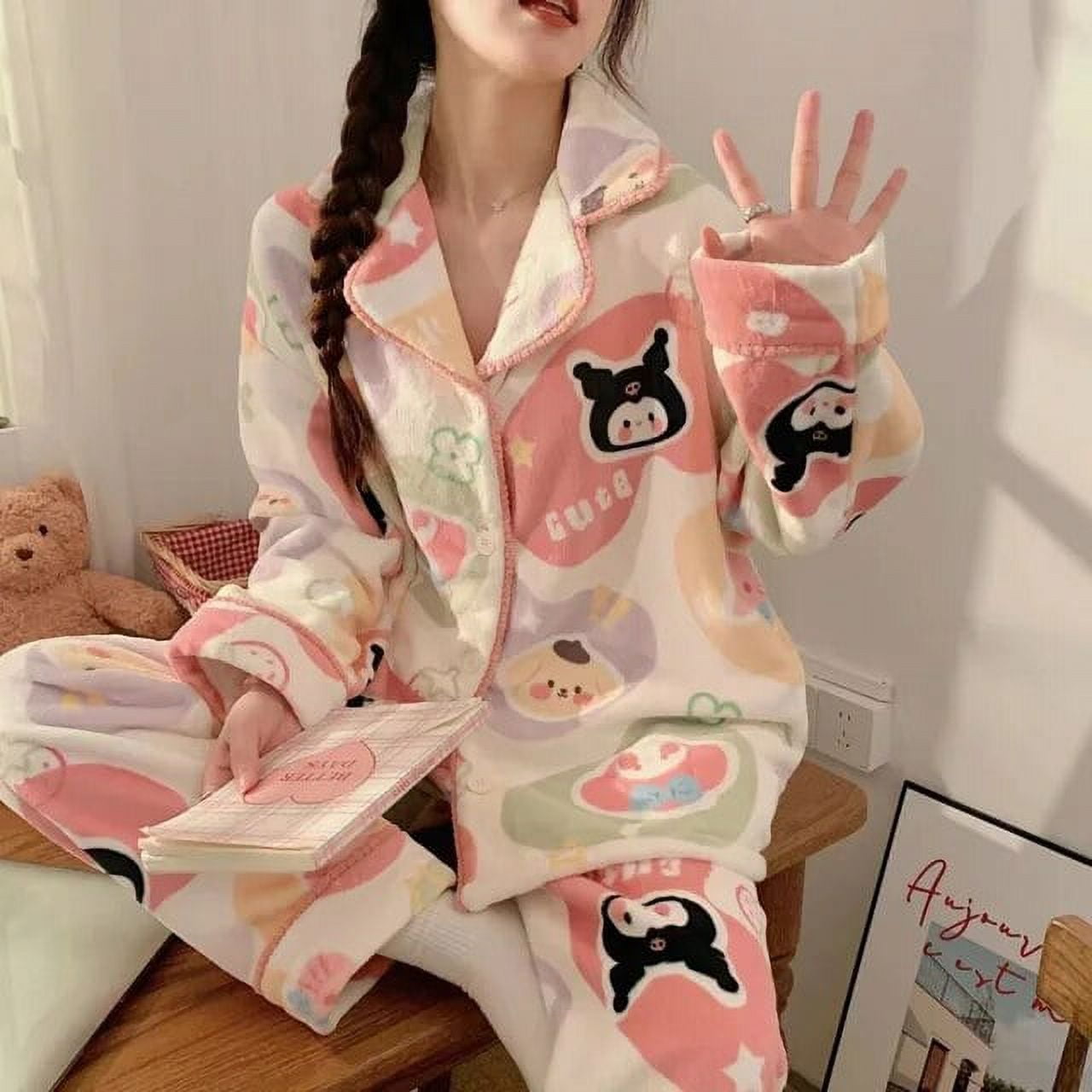 Kawaii Sanrio Coral Velvet Pajama Set Women Kuromi Plush Thickened