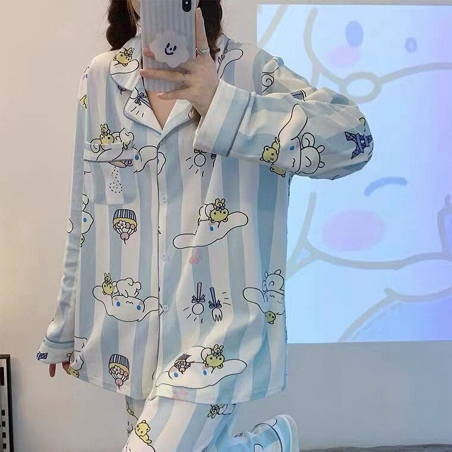 Kawaii Sanrio Hello Kitty 2Pcs Pajama Set Cinnamoroll Anime Long