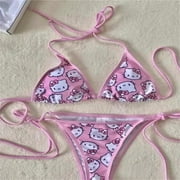 Kawaii Sanrio Hello Kitty Anime Cute Girl Pink Bikini Small Chest Gathered Seaside Vacation Leisure Sexy Swimsuit Underwear Set