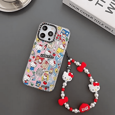 Kawaii Sanrio Hello Kitty Beaded Phone Chain Anti Loss Red Love Bow Jewelry DIY Keychain Women Phone Decoration Accessories Gift
