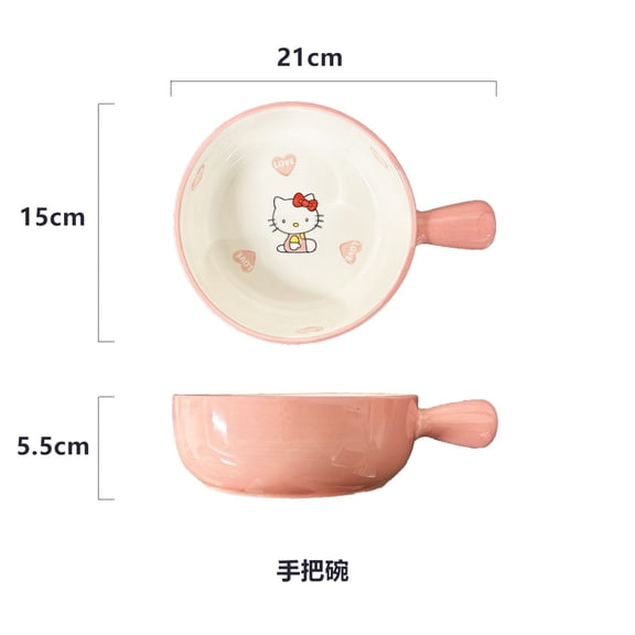 Kawaii Sanrio Hello Kitty Bowl Cartoon Large Capacity Ceramic Handle Bowl Rice Bowl Spoon Household Tableware Kitchen Supplies