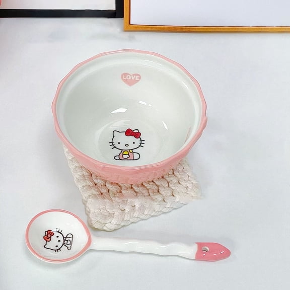 Kawaii Sanrio Hello Kitty Bowl Cartoon Large Capacity Ceramic Handle Bowl Rice Bowl Spoon Household Tableware Kitchen Supplies