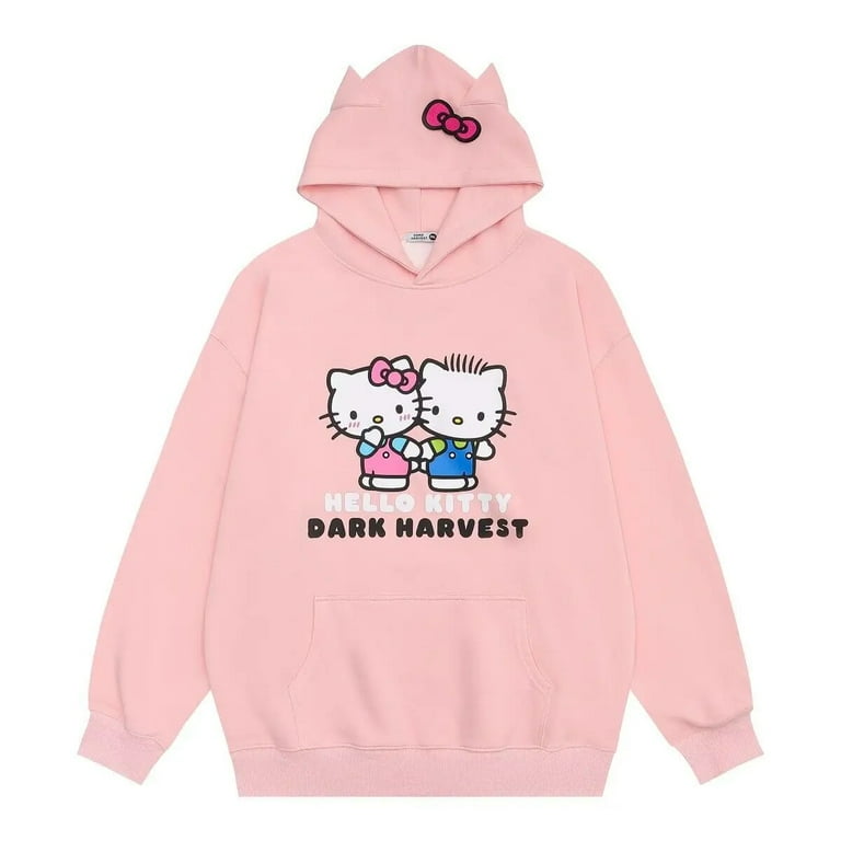 Kawaii Sanrio Hello Kitty Cartoon Anime Hooded Sweater Girl Heart New Color Block Printing Women s Thin Loose Top Y2K